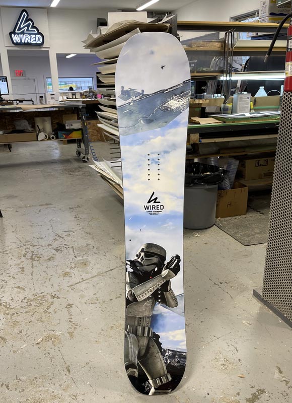Example of a completed Wired custom snowboard; your artwork will be different