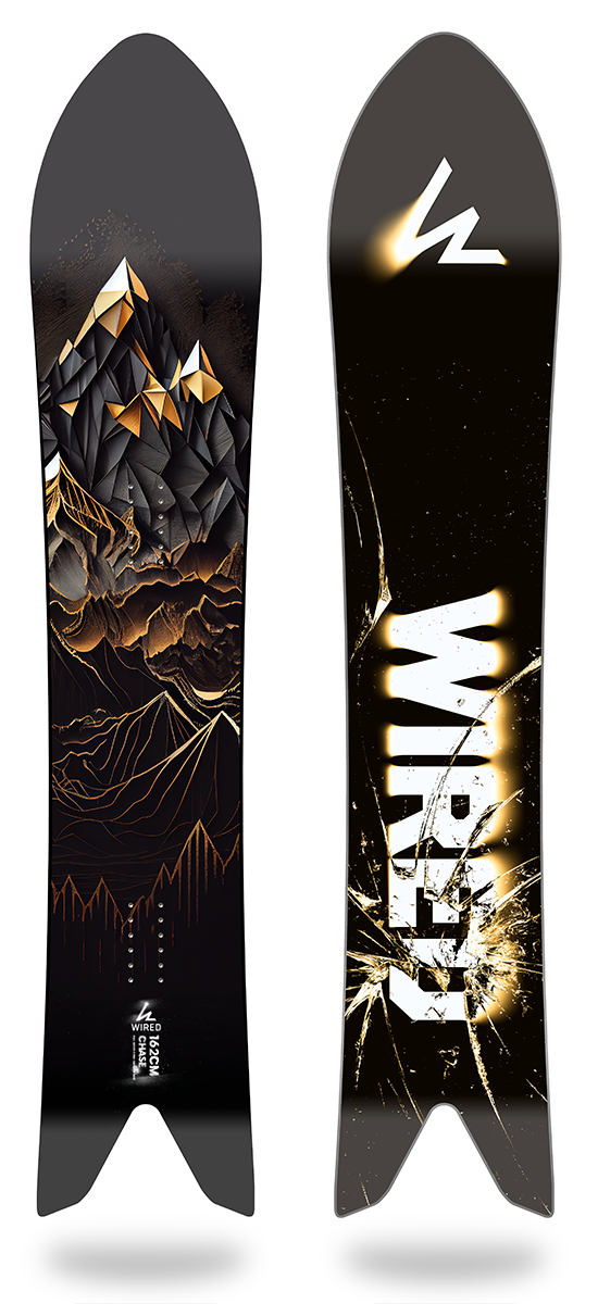 Chase Series Snowboard designed for powder riding, featuring unique artwork.