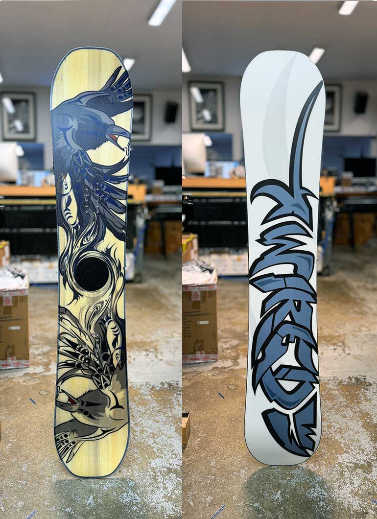 Finished one-of-one custom snowboard with custom topsheet and base graphics
