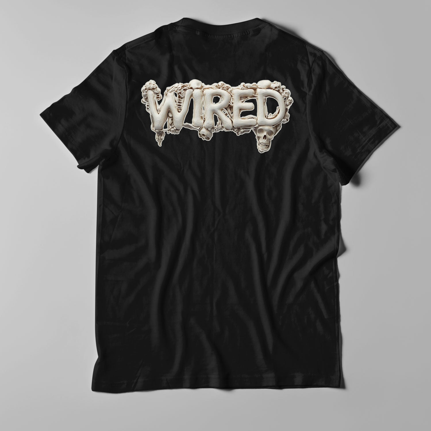 Wired 'BONES' T-Shirt featuring skeleton-inspired artwork on black cotton fabric.