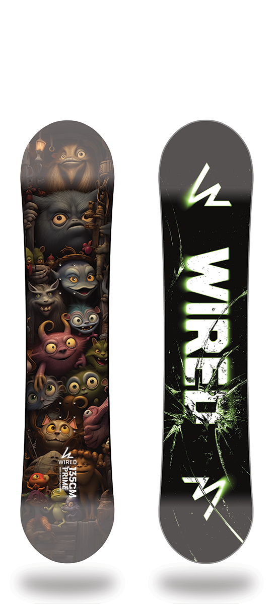 Wired Prime Series Youth Snowboard with vibrant multicolor design, showcasing true twin shape and multi-camber profile.